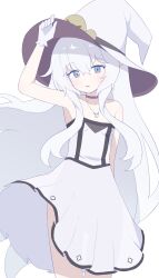 Rule 34 | 1girl, absurdres, commission, dress, gloves, grey dress, grey eyes, grey hair, grey hat, hagoonha, hat, highres, original, simple background, white background, white gloves, witch hat