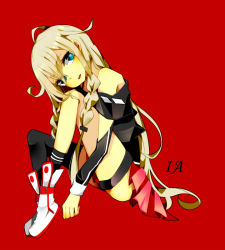 Rule 34 | 1girl, blonde hair, blue eyes, braid, character name, full body, ia (vocaloid), long hair, looking at viewer, open mouth, shoes, simple background, single sock, single thighhigh, sitting, skirt, socks, solo, thighhighs, twin braids, uomiya naname, vocaloid