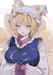 Rule 34 | 1girl, :d, blonde hair, blush, commentary, fang, fox tail, hands in opposite sleeves, hat, highres, kitsune, long sleeves, looking at viewer, mob cap, multiple tails, one-hour drawing challenge, open mouth, plumapple3, short hair, smile, solo, tail, touhou, upper body, white hat, yakumo ran, yellow eyes