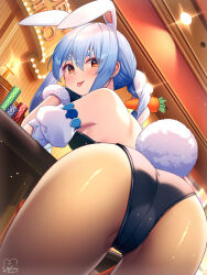 Rule 34 | 1girl, animal ears, ass, ass focus, bent over, black leotard, black pantyhose, blue hair, blush, carrot hair ornament, casino, casino card table, ceiling, detached sleeves, food-themed hair ornament, hair ornament, highres, hololive, indoors, leotard, long hair, looking at viewer, magowasabi, pantyhose, playboy bunny, poker chip, poker table, rabbit-shaped pupils, rabbit ears, rabbit tail, red eyes, sidelocks, signature, solo, symbol-shaped pupils, table, tail, thick eyebrows, tongue, tongue out, usada pekora, virtual youtuber