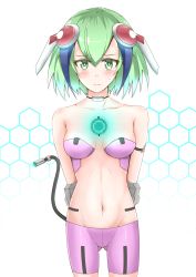 Rule 34 | 10s, 1girl, android, arms behind back, bare arms, bare shoulders, bike shorts, black hair, blush, bob cut, bra, breasts, collar, dimension w, embarrassed, gluteal fold, green eyes, green hair, groin, headgear, highres, looking at viewer, markings, matching hair/eyes, single mechanical arm, midriff, multicolored hair, navel, pink bra, power symbol, sanpei (pixiv), short hair, simple background, solo, standing, streaked hair, sweatdrop, tail, thighs, two-tone hair, underwear, white background, yurizaki mira