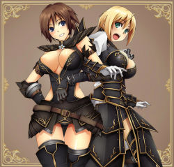 Rule 34 | 2girls, :o, ahoge, aqua eyes, armlet, armor, armored dress, back-to-back, belt, black gloves, black legwear, blonde hair, blue eyes, blush, border, breasts, brown background, brown hair, capcom, cleavage, crossed legs, dress, elbow gloves, gloves, green eyes, grin, hand on own hip, lace, large breasts, locked arms, looking at viewer, looking back, midriff, monster hunter, monster hunter (series), monster hunter frontier, multiple girls, no bra, noir (armor), open mouth, short dress, short hair, side slit, simple background, sitting, smile, standing, strap, surprised, taiyou, thigh gap, thighhighs, turtleneck, white gloves, zettai ryouiki