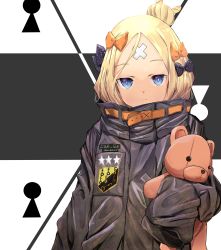 Rule 34 | 1girl, abigail williams (fate), abigail williams (traveling outfit) (fate), absurdres, alternate hairstyle, artist request, bandaid, bandaid on face, bandaid on forehead, belt, black bow, black jacket, blonde hair, blue eyes, bow, closed mouth, commentary request, fate/grand order, fate (series), forehead, grey background, hair bow, hair bun, high collar, highres, holding, holding stuffed toy, jacket, keyhole, long hair, looking at viewer, official alternate costume, orange bow, parted bangs, polka dot, polka dot bow, single hair bun, sleeves past fingers, sleeves past wrists, solo, stuffed animal, stuffed toy, teddy bear, two-tone background, white background