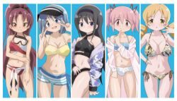 Rule 34 | 5girls, akemi homura, bikini, bikini skirt, black hair, blonde hair, blue background, blue eyes, blue hair, blush, border, bow, breasts, cleavage, collarbone, commentary request, contrapposto, double v, drill hair, eye contact, finger to cheek, groin, hair bow, hair ornament, hair ribbon, hairband, hand on hilt, hand on own stomach, hateri, highres, kaname madoka, large breasts, long hair, looking at another, looking at viewer, mahou shoujo madoka magica, medium breasts, medium hair, miki sayaka, multiple girls, navel, open mouth, pink eyes, pink hair, ponytail, print bikini, purple eyes, red eyes, red hair, ribbon, sakura kyoko, short hair, short shorts, short twintails, shorts, side-tie bikini bottom, small breasts, smile, standing, striped, swimsuit, thighs, tomoe mami, twin drills, twintails, v, very long hair, visor cap, white bikini, white border, yellow bikini, yellow eyes