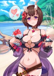 Rule 34 | + +, 1girl, beach, belt, bikini, blue sky, blush, broken horn, choker, claw ring, commentary request, cup, day, demon horns, eriko (princess connect!), eriko (summer) (princess connect!), flower bracelet, flower trim, food, heart, heart choker, highres, holding, holding cup, holding spoon, horns, ice cream, long hair, looking at viewer, mononoke (pixiv53597254), multi-strapped bikini bottom, multi-strapped bikini top, o-ring, o-ring bikini, o-ring top, ocean, official alternate costume, outdoors, palm tree, princess connect!, purple shawl, purple tail, see-through, see-through shawl, shawl, sky, smile, solo, speech bubble, spiked tail, spoken heart, spoon, swimsuit, tail, tree, two-tone bikini