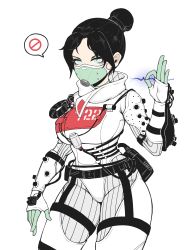 Rule 34 | 1girl, absurdres, animification, apex legends, belt, bingbingzi, black belt, black hair, bodysuit, breasts, cable, chinese commentary, gloves, hair behind ear, hair bun, highres, large breasts, looking at viewer, mask, mouth mask, official alternate costume, ok sign, parted bangs, quarantine 722 wraith, single hair bun, solo, speech bubble, thigh strap, white bodysuit, white gloves, wraith (apex legends)
