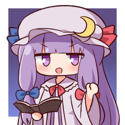 Rule 34 | 1girl, :d, blue bow, blunt bangs, blush, book, bow, chibi, crescent, crescent hat ornament, dress, hana kazari, hands up, hat, hat ornament, highres, holding, holding book, long hair, long sleeves, mob cap, open book, open mouth, patchouli knowledge, purple background, purple dress, purple eyes, purple hair, purple hat, red bow, smile, solo, touhou, two-tone background, very long hair, white background, wide sleeves