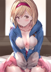 Rule 34 | 1girl, bad id, bad pixiv id, between legs, blue jacket, blush, breasts, brown eyes, cleavage, closed mouth, collarbone, commentary request, djeeta (granblue fantasy), granblue fantasy, hair between eyes, hairband, hand between legs, highres, hood, hood down, hooded jacket, jacket, light brown hair, long sleeves, looking at viewer, medium breasts, milli little, open clothes, open jacket, pink skirt, puffy long sleeves, puffy sleeves, red hairband, skirt, solo, twitter username