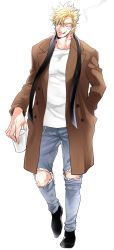 Rule 34 | 1boy, alternate costume, battle tendency, blonde hair, brown coat, caesar anthonio zeppeli, casual, cigarette, coat, cup, denim, facial mark, highres, holding, holding cup, jeans, jojo no kimyou na bouken, long coat, male focus, pants, s gentian, smoking, solo, stole, torn clothes, torn jeans, torn pants