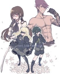 Rule 34 | adam (nier:automata), ahoge, akamatsu kaede, alternate costume, black blindfold, black dress, black gloves, black jacket, blindfold, blonde hair, blush, boots, breasts, character cutout, cleavage cutout, clothing cutout, collarbone, commentary, criis-chan, crossover, danganronpa (series), danganronpa v3: killing harmony, dress, eve (nier:automata), flower, glasses, gloves, grin, harukawa maki, holding, holding sword, holding weapon, jacket, large breasts, long hair, looking at viewer, momota kaito, navel, nier:automata, nier (series), red eyes, saihara shuichi, shirt, short hair, shorts, simple background, smile, sword, thigh boots, thighhighs, topless, twintails, watermark, weapon, web address, white background, white shirt, 2b (nier:automata), 9s (nier:automata)