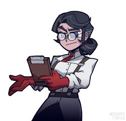 Rule 34 | 1girl, artist name, black hair, black pants, blue eyes, clipboard, commentary, dated, engineer, english commentary, genderswap, genderswap (mtf), glasses, gloves, hair bun, helltaker, highres, holding, holding clipboard, jacket, long sleeves, looking at viewer, medic (tf2), necktie, pants, red gloves, red medic (tf2), red necktie, shirt, simple background, single hair bun, solo, suspenders, team fortress 2, transparent background, upper body, vanripper (style), white background, white jacket, white shirt, zzoupz