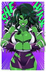 Rule 34 | 1girl, biceps, black bra, bra, breasts, bursting breasts, business suit, character name, cleavage, colored skin, exploding clothes, flexing, formal, green eyes, green hair, green skin, highres, large breasts, marvel, mike luckas, open clothes, open shirt, pencil skirt, she-hulk, skirt, skirt suit, smile, solo, suit, torn clothes, torn skirt, torn sleeves, underwear