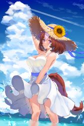 Rule 34 | 1girl, absurdres, animal ears, blue sky, breasts, cleavage, cloud, commentary request, day, dress, flower, hair between eyes, hat, hat flower, highres, horse ears, horse girl, horse tail, large breasts, looking at viewer, meisho doto (umamusume), multicolored hair, partially submerged, purple eyes, shiroserika, sky, sleeveless, sleeveless dress, solo, standing, straw hat, streaked hair, summer, sunflower, sweat, tail, umamusume, water, wet, white dress, white hair, wind