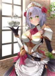 Rule 34 | 1girl, absurdres, armor, armored dress, ascot, black gloves, boobplate, braid, breastplate, breasts, brick wall, cleavage, closed mouth, commentary request, cup, flower, genshin impact, gloves, green eyes, grey hair, hair flower, hair ornament, hand up, highres, hiziriamane, holding, holding tray, indoors, large breasts, looking at viewer, maid headdress, mixed-language commentary, noelle (genshin impact), red ascot, red flower, red rose, rose, short hair, shoulder armor, signature, smile, solo, teacup, tray, window