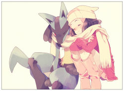 Rule 34 | 1girl, beanie, blush, boots, closed eyes, closed mouth, coat, commentary request, creatures (company), crossed arms, dawn (pokemon), eyelashes, fingernails, game freak, gen 4 pokemon, hair ornament, hairclip, hat, knees, komasawa (fmn-ppp), lucario, nintendo, pink footwear, pokemon, pokemon (creature), pokemon dppt, pokemon platinum, scarf, shared clothes, shared scarf, sitting, smile