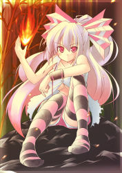 Rule 34 | 1girl, adapted costume, alternate hairstyle, blush, breasts, female focus, fire, fujiwara no mokou, full body, kibushi, large breasts, long hair, nature, ponytail, red eyes, shorts, silver hair, sitting, solo, striped clothes, striped thighhighs, thighhighs, touhou, underboob