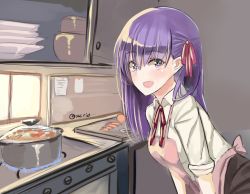 Rule 34 | + +, 1girl, :d, apron, blush, bowl, cooking, fate/stay night, fate (series), food, hair ribbon, homurahara academy school uniform, i.f.s.f, indoors, kitchen, looking at viewer, matou sakura, open mouth, pink apron, plate, pot, purple hair, ribbon, school uniform, sleeves rolled up, smile, solo, stove, twitter username