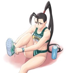 Rule 34 | 1girl, antenna hair, bare shoulders, bloomers, bottle, breasts, brown hair, buruma, character name, closed mouth, collarbone, exercising, female focus, green bloomers, green buruma, green footwear, green panties, green sports bra, grey eyes, hair between eyes, highres, ibuki (street fighter), impossible clothes, kunoichi, leg up, md5 mismatch, medium breasts, midriff, noppo (tarstation), official alternate costume, panties, ponytail, resolution mismatch, shoes, simple background, sitting, sneakers, solo, source smaller, sports bikini, sports bra, street fighter, street fighter v, street fighter zero (series), tying footwear, underwear, watch, water bottle, white background, wristband, wristwatch