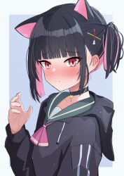 Rule 34 | 1girl, alternate hairstyle, amenocchi, animal ears, black choker, black hair, black sweater, blue archive, blush, cat ears, cat girl, choker, collarbone, colored inner hair, commentary request, embarrassed, extra ears, highres, hood, hooded sweater, kazusa (blue archive), long sleeves, looking at viewer, multicolored hair, pendant choker, red eyes, school uniform, serafuku, short hair, side ponytail, sidelocks, simple background, solo, sweatdrop, sweater, two-tone hair, white background