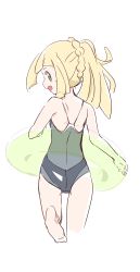 Rule 34 | 1girl, absurdres, bare shoulders, blonde hair, creatures (company), from behind, game freak, green eyes, grey one-piece swimsuit, highres, innertube, lillie (pokemon), long hair, looking back, nagitaro, nintendo, one-piece swimsuit, open mouth, pokemon, pokemon sm, ponytail, simple background, solo, swim ring, swimsuit, white background