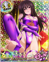 Rule 34 | 1girl, black hair, breasts, bridal gauntlets, card (medium), chess piece, cleavage, dominatrix, elbow gloves, feet, female focus, gloves, high school dxd, large breasts, long hair, looking at viewer, navel, official art, parted lips, purple eyes, purple gloves, purple thighhighs, queen (chess), raynare, solo, stirrup legwear, thigh strap, thighhighs, toeless legwear, toes, underboob