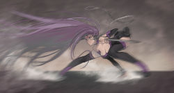 Rule 34 | 1girl, absurdly long hair, arm support, belt collar, boots, breasts, chain, cleavage, collar, commentary, dagger, detached sleeves, dress, facial mark, fate/stay night, fate (series), forehead mark, hanging breasts, highres, knife, leaning forward, legs apart, long hair, medusa (fate), medusa (rider) (fate), motion blur, none (kameko227), purple eyes, purple hair, short dress, solo, spikes, square pupils, thigh boots, thighhighs, very long hair, weapon