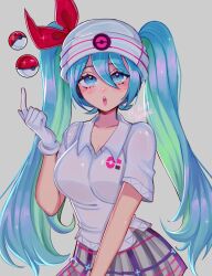 Rule 34 | 1girl, aqua eyes, aqua hair, beanie, collared shirt, creatures (company), game freak, gloves, hair between eyes, hair through headwear, hat, hatsune miku, highres, long hair, looking at viewer, nintendo, open mouth, pleated skirt, poke ball, pokemon, project voltage, psychic miku (project voltage), ruinique, shirt, skirt, twintails, very long hair, vocaloid, white gloves, white hat, white shirt