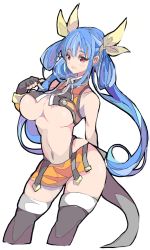 Rule 34 | 1girl, arc system works, black thighhighs, blazblue, blue hair, breasts, cleavage, commentary request, company connection, cosplay, crop top, dizzy (guilty gear), empe0317, enpe, fingerless gloves, gloves, guilty gear, hair ribbon, highleg, highleg panties, highres, impossible clothes, large breasts, long hair, makoto nanaya, makoto nanaya (cosplay), microskirt, navel, panties, red eyes, ribbon, side slit, simple background, skirt, solo, tail, thighhighs, twintails, underboob, underwear, white background