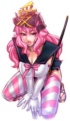 Rule 34 | 1girl, armor, bow, breasts, breasts squeezed together, chiba toshirou, cleavage, elbow gloves, gloves, helmet, japanese armor, kabuto (helmet), katana, kneeling, large breasts, lipstick, long hair, makeup, mole, onegai! ranking, onegai pink, pink eyes, pink hair, pink lips, sandals, sheath, sheathed, simple background, solo, striped clothes, striped thighhighs, sword, thighhighs, v arms, weapon