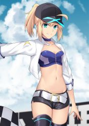 Rule 34 | 1girl, ahoge, alternate costume, arm at side, artoria pendragon (all), artoria pendragon (fate), baseball cap, belt, black hat, black shorts, blonde hair, breasts, cloud, cloudy sky, collarbone, commentary request, cowboy shot, cropped jacket, cross (crossryou), day, fate/grand order, fate (series), groin, hair through headwear, hat, highres, holding, jacket, long hair, long sleeves, looking at viewer, medium breasts, midriff, mysterious heroine x (fate), navel, open clothes, open jacket, outdoors, race queen, saber (fate), saber (type-moon racing) (fate), short shorts, shorts, sky, solo, stomach, thighhighs, white belt, white jacket