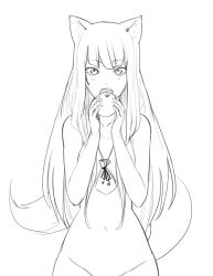 Rule 34 | animal ears, apple, eating, fangs, food, fruit, greyscale, highres, holo, jewelry, less, long hair, looking at viewer, monochrome, necklace, nude, solo, spice and wolf, tail, wolf ears, wolf tail