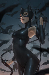 Rule 34 | 1girl, armpit cutout, bat (animal), black bodysuit, black gloves, black mask, bodysuit, breasts, catwoman, clothing cutout, commentary, dc comics, english commentary, gloves, green eyes, highres, jee-hyung lee, looking at viewer, medium breasts, night, outdoors, selina kyle, signature, solo