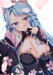 Rule 34 | 1girl, animal ear fluff, animal ears, aties20, black dress, black sleeves, blue eyes, blue hair, breasts, cleavage, closed mouth, commentary request, detached sleeves, dress, fingernails, flower, hand up, large breasts, long fingernails, long hair, long sleeves, looking at viewer, nail polish, parted bangs, petals, pink flower, purple nails, sharp fingernails, silvervale, silvervale (sakura goddess), smile, solo, tiara, upper body, very long hair, virtual youtuber, vshojo, wide sleeves, wolf ears, wolf girl
