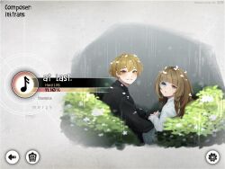 Rule 34 | 1boy, 1girl, alice (saccharhythm), artist self-insert, blonde hair, blush, braid, brown hair, couple, deemo, french braid, hetero, highres, holding hands, limbus company, looking at viewer, mask, petals, project moon, rain, saccharhythm, simple background, sinclair (project moon), smile, upper body, white background, yellow eyes