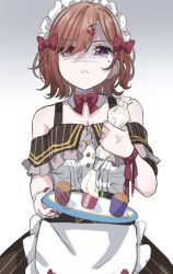 Rule 34 | 1girl, alternate costume, apron, bare shoulders, black skirt, bow, brown hair, clenched teeth, enmaided, eyes visible through hair, frilled apron, frills, gradient background, grey background, hair bow, hair ornament, hair over one eye, hairclip, highres, higuchi madoka, holding, holding tray, idolmaster, idolmaster shiny colors, looking at viewer, maid, maid headdress, mole, mole under eye, off-shoulder shirt, off shoulder, pastry bag, purple eyes, red bow, shaded face, shirt, shiwa (siwaa0419), skirt, solo, striped clothes, striped skirt, teeth, tray, vertical-striped clothes, vertical-striped skirt, waist apron, whipped cream, white apron, white background, white shirt, x hair ornament