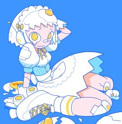 Rule 34 | 1girl, apron, arm up, back bow, bandaid, bandaid on face, bandaid on leg, bandaid on nose, blue background, bow, breasts, egg (food), fallen down, food, gloves, headphones, highres, looking at viewer, maid headdress, neck ribbon, original, puffy short sleeves, puffy sleeves, radio antenna, ribbon, roller skates, short hair, short sleeves, sitting, skates, striped, teardrop, vertical stripes, waist apron, wariza, wavy mouth, white footwear, white gloves, white hair, yellow bow, yellow eyes, yellow ribbon, yoineko