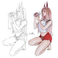 Rule 34 | 1girl, bare shoulders, bra strap, can, chainsaw man, commentary, crop top, dated, demon girl, demon horns, dolphin shorts, drawstring, drink can, english commentary, eyelashes, full body, hair over breasts, hair over one eye, hands up, highres, holding, holding can, horns, lineart, lipstick, long hair, looking ahead, makeup, midriff, multiple views, nail polish, navel, on one knee, osuk2, partially colored, photo-referenced, pink hair, pink lips, pink nails, power (chainsaw man), red eyes, red horns, red shorts, shorts, signature, simple background, sleeveless, soda can, tank top, variations, white background, white tank top