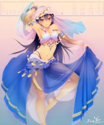 Rule 34 | 10s, 1girl, anklet, arabian clothes, bare shoulders, barefoot, blue hair, blush, breasts, cleavage, dancer, furisode (pixilvina), highres, jewelry, long hair, looking at viewer, love live!, love live! school idol festival, love live! school idol project, medium breasts, navel, smile, solo, sonoda umi, yellow eyes