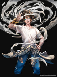 Rule 34 | 1boy, blue eyes, blue pants, brown hair, english text, hand on own hip, hero cantare, highres, jin mori, looking at viewer, official art, open mouth, pants, short sleeves, simple background, smile, teeth, the god of high school, waving, yagaaaa