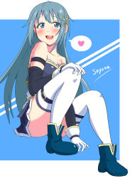 Rule 34 | 1girl, absurdres, alternate hair length, alternate hairstyle, bare shoulders, between legs, blue background, blue eyes, blue hair, blush, border, breasts, character name, cleavage, detached sleeves, fortissimo, frilled shirt, frills, gloves, hair ornament, hand between legs, heart, highres, looking at viewer, mahou shoujo madoka magica, mahou shoujo madoka magica (anime), mahou shoujo madoka magica movie 1 &amp; 2, miki sayaka, musical note, musical note hair ornament, shirt, smile, solo, spoken heart, tanuki (naito7110), thighhighs, thighs, white border, white gloves, white thighhighs