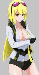 Rule 34 | 1girl, acchi (koiyimknp), black gloves, black shorts, blonde hair, breasts, clothes around waist, digimon, digimon story: cyber sleuth, dress shirt, eyewear on head, gloves, highres, jewelry, kuremi kyouko, long hair, looking at viewer, medium breasts, necklace, no bra, shirt, short shorts, shorts, smile, solo, sunglasses, white shirt