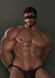 Rule 34 | 1boy, abs, arms behind back, bara, black blindfold, black hair, black male underwear, blindfold, bound, bound wrists, briefs, chris redfield, covered eyes, facial hair, gr goden, highres, large pectorals, male focus, male underwear, muscular, muscular male, navel, nipples, pectorals, resident evil, short hair, solo, underwear