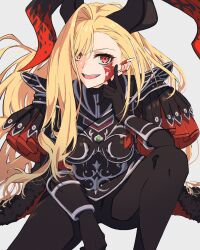 Rule 34 | 1girl, absurdres, anianiani0607, armor, black bodysuit, blonde hair, bodysuit, cape, dragon horns, fate/grand order, fate (series), fur-trimmed cape, fur trim, highres, horns, long hair, nero claudius (fate), nero claudius (fate) (all), pointy ears, queen draco (fate), queen draco (third ascension) (fate), red eyes, red scales, sitting