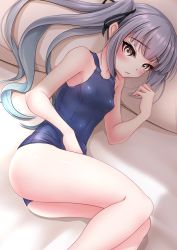 Rule 34 | 1girl, absurdres, alternate costume, blue one-piece swimsuit, breasts, collarbone, grey eyes, grey hair, highres, kantai collection, kasumi (kancolle), long hair, lying, makura (y makura), on side, one-piece swimsuit, school swimsuit, side ponytail, small breasts, solo, swimsuit