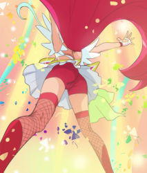 Rule 34 | 1girl, ass, bike shorts, cure flamingo, fingerless gloves, fishnet thighhighs, fishnets, from behind, from below, gloves, haruyama kazunori, long hair, magical girl, outstretched arms, precure, red hair, skirt, solo, standing, takizawa asuka, thighhighs, tropical-rouge! precure, white gloves