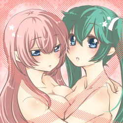 Rule 34 | 2girls, :o, aqua hair, artist request, asymmetrical docking, bare arms, bare shoulders, blue eyes, blush, breast press, breasts, cleavage, closed mouth, couple, female focus, hair between eyes, hair ribbon, hatsune miku, heart, hug, large breasts, long hair, looking at viewer, medium breasts, megurine luka, multiple girls, neck, no nose, nude, parted lips, pink background, pink hair, ribbon, twintails, upper body, vocaloid, white ribbon, yuri