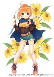 Rule 34 | 1girl, arm warmers, belt, blonde hair, blue cape, blue eyes, blue shorts, cape, closed mouth, dagger, flower, flower knight girl, full body, holding, holding dagger, holding knife, holding weapon, knife, looking at viewer, name connection, object namesake, official art, orange footwear, ponytail, reverse grip, rudbeckia (flower knight girl), shoes, short hair, shorts, smile, solo, standing, thighhighs, usashiro mani, weapon, white thighhighs
