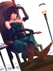 Rule 34 | 1girl, antenna hair, aritoki ritsu, bare shoulders, black gloves, black hair, black pantyhose, chair, crossed legs, dress, elbow gloves, feet, full body, gloves, hand on own head, highres, lamp, lips, original, pantyhose, plate, red eyes, short hair, sitting, skirt hold, smile, soles, solo, spread toes, toes, white background