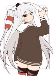 Rule 34 | 1girl, amatsukaze (kancolle), ataru (ataru-littlebird), brown dress, brown eyes, commentary request, dress, from behind, hair tubes, highres, kantai collection, long hair, looking at viewer, looking back, sailor collar, sailor dress, short dress, smile, smokestack hair ornament, solo, striped clothes, striped thighhighs, thighhighs, two side up, waving, white hair, white sailor collar