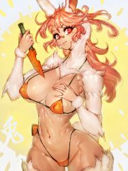 Rule 34 | 1girl, 2023, animal ears, bandaid, bandaid on face, bikini, carrot, chinese zodiac, dagger, fluff, fumio (rsqkr), furry, furry female, happy new year, highres, holding, holding dagger, holding knife, holding weapon, knife, long hair, navel, new year, orange bikini, original, rabbit ears, rabbit girl, rabbit tail, red eyes, reverse grip, sheath, swimsuit, tail, weapon, white fur, yellow background